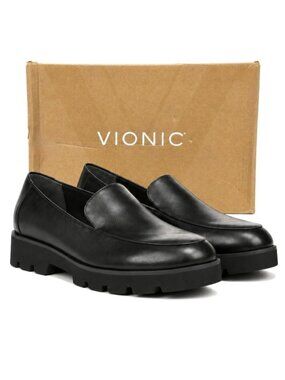 Vionic Kensley Supportive Black Leather Loafers Womens 7.5 M Comfort Lug Sole